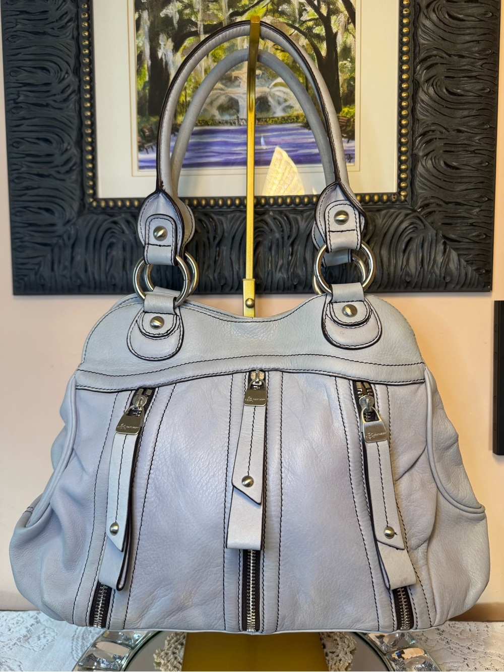 B makowsky Light Gray Leather Shoulder Bag with leopard interior
